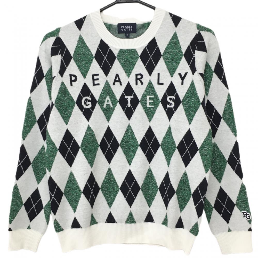 【超美品】パーリーゲイツ セーター 白×グリーン ダイヤ総柄 ニット レディース 0(S) ゴルフウェア PEARLY GATES