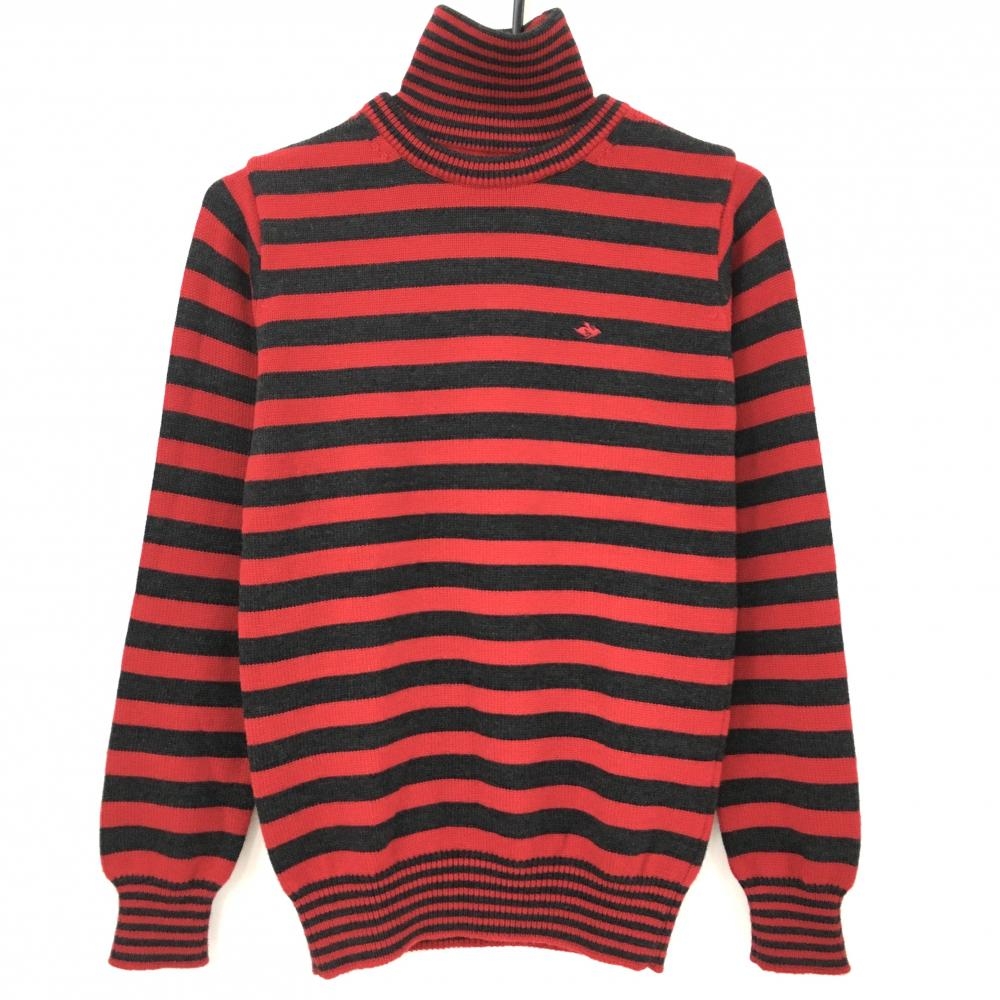【超美品】パーリーゲイツ 2WAYタートルネックセーター　レッド×ダークグレー ボーダー レディース 1(M) ゴルフウェア PEARLY GATES