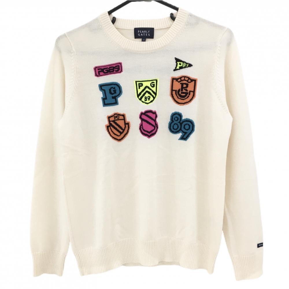 【超美品】パーリーゲイツ セーター 白 フロントロゴマルチカラー ウール100％ ニット  レディース 1(M) ゴルフウェア PEARLY GATES