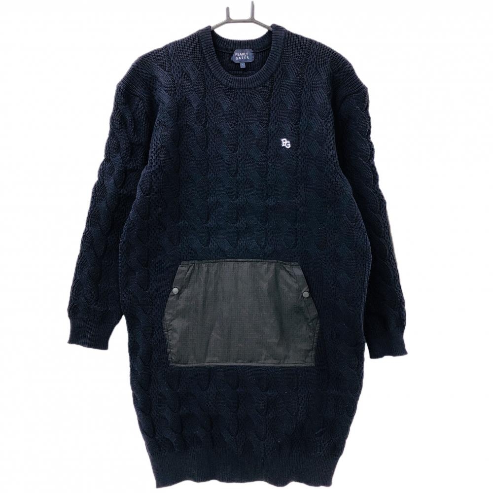 【美品】パーリーゲイツ ニットワンピース ネイビー ケーブル編み 一部中綿切替 レディース 1(M) ゴルフウェア PEARLY GATES