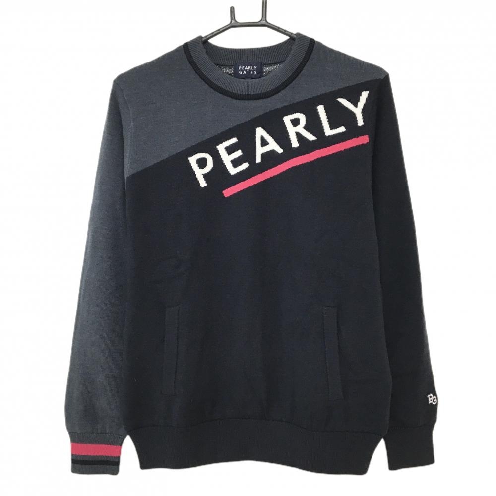 【超美品】パーリーゲイツ セーター ダークネイビー×グレー×ピンク ウール混 ニット 裏地付 レディース 2(L) ゴルフウェア PEARLY GATES