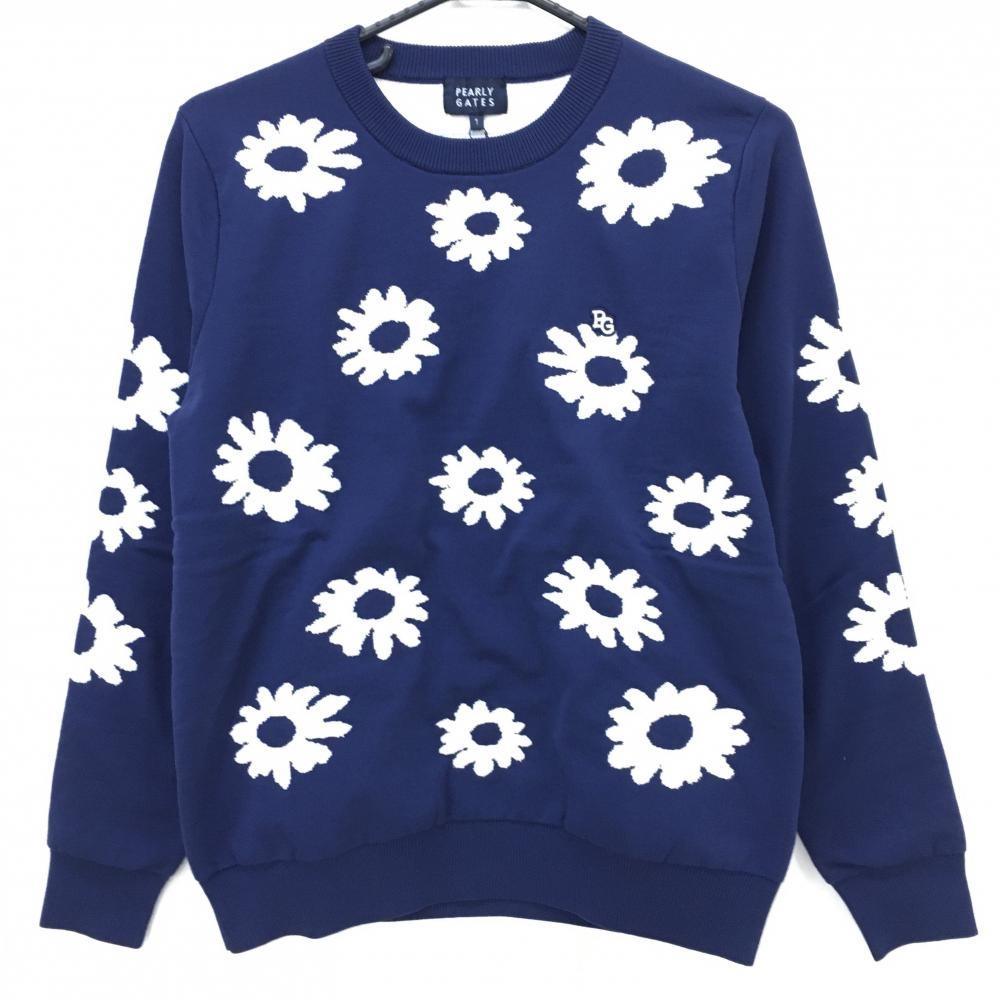 【新品】パーリーゲイツ セーター ネイビー×白 花柄 胸元ロゴ ニット パイル裏地 レディース 1(M) ゴルフウェア PEARLY GATES