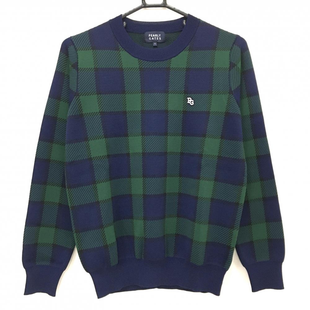 【新品】パーリーゲイツ セーター ネイビー×グリーン グレンチェック ロゴ刺しゅう レディース 1(M) ゴルフウェア PEARLY GATES