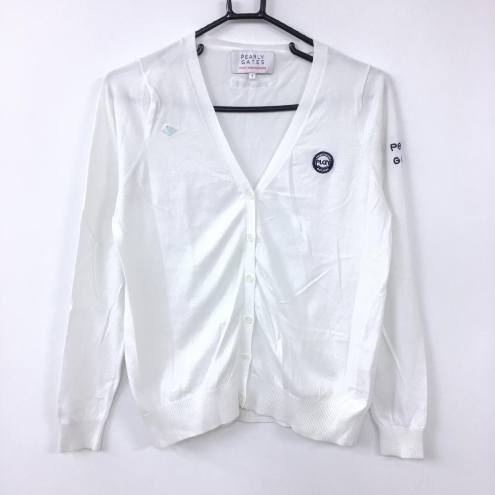 【超美品】パーリーゲイツ カーディガン 白×ネイビー ニット コットン100％ ワッペン レディース 1(M) ゴルフウェア PEARLY GATES