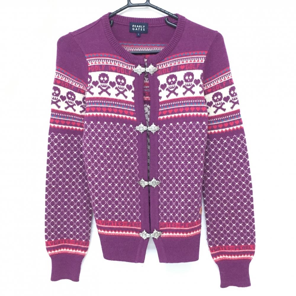 【美品】パーリーゲイツ ニットカーディガン パープル×白 総柄編み スカル 羊毛混 レディース 1(M) ゴルフウェア PEARLY GATES