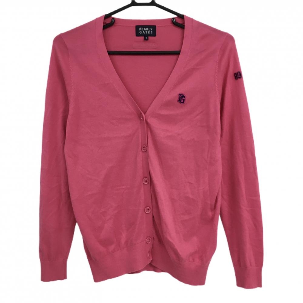 【美品】パーリーゲイツ ニットカーディガン ピンク ロゴネイビー コットン100％ 薄手  レディース 0(S) ゴルフウェア PEARLY GATES