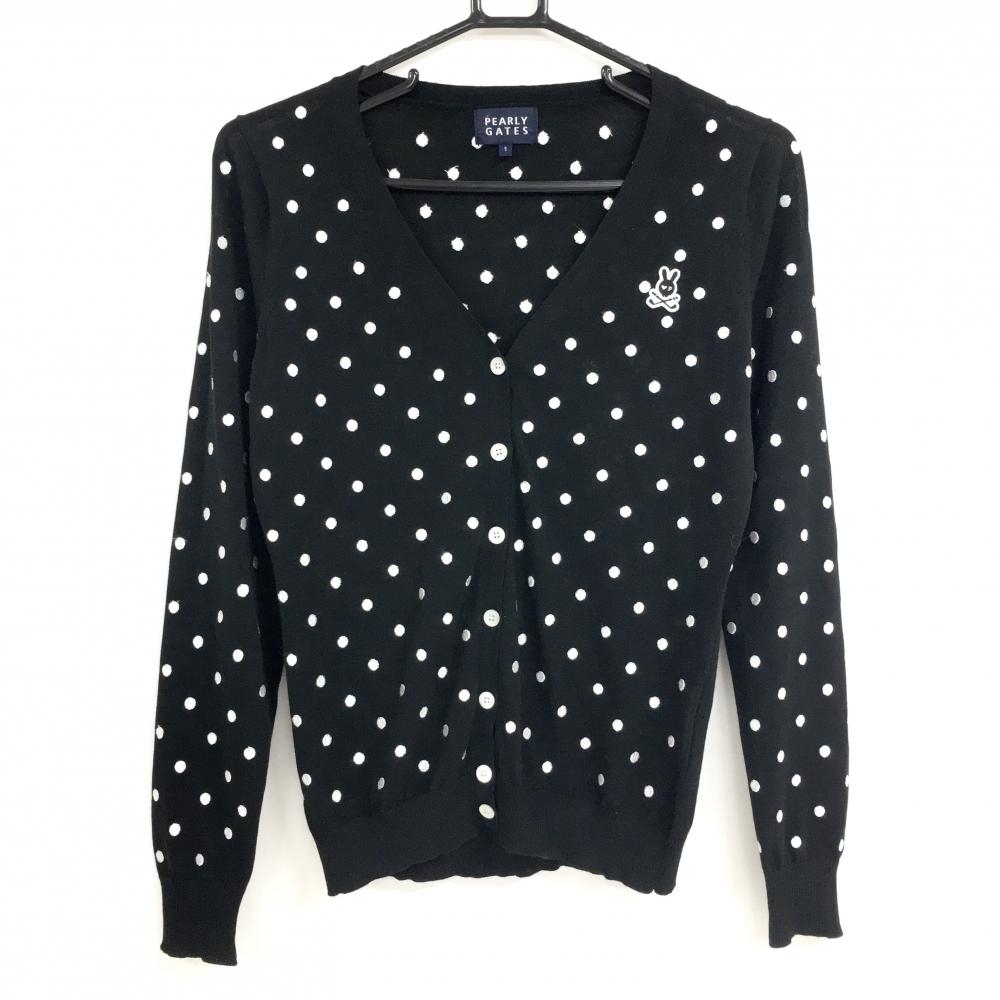 【超美品】パーリーゲイツ カーディガン 黒×白 ドット 薄手 Vネック レディース 1(M) ゴルフウェア PEARLY GATES