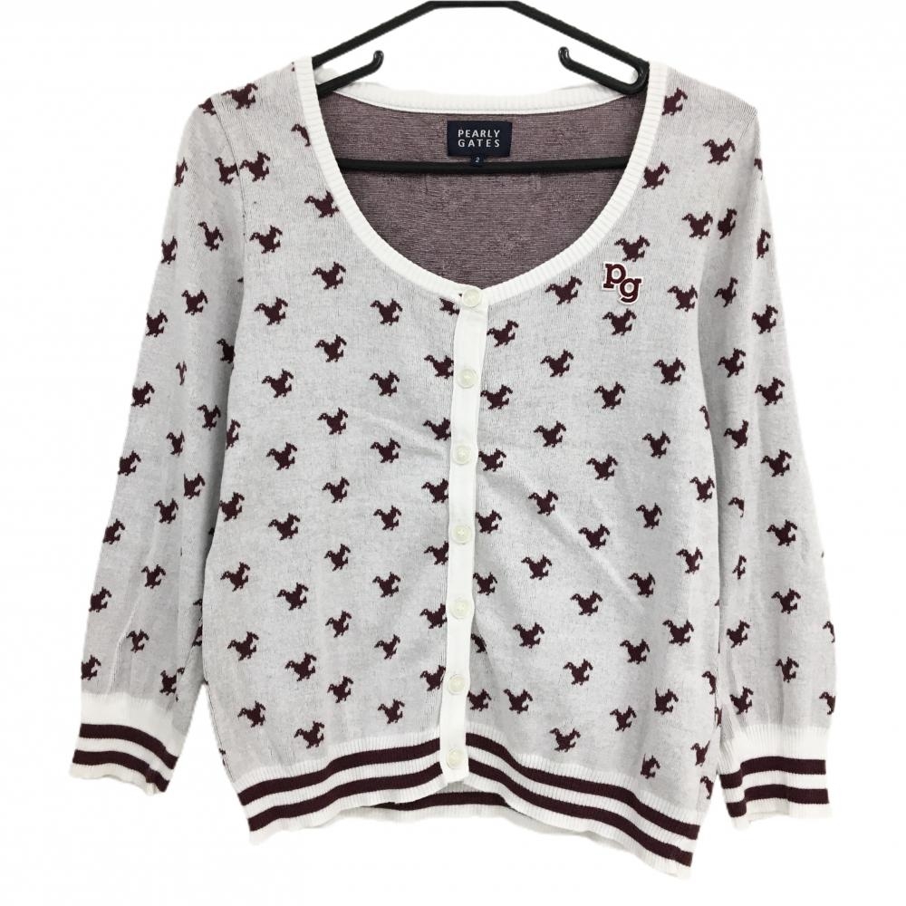 【超美品】パーリーゲイツ カーディガン 白×ボルドー トリ総柄 コットン100% レディース 2(L) ゴルフウェア PEARLY GATES