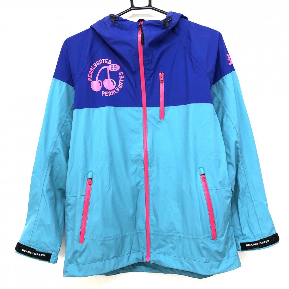 パーリーゲイツ レインジャケット ライトブルー系×ブルー系×ピンク 胸ロゴ ドローコード レディース 0(S) ゴルフウェア PEARLY GATES