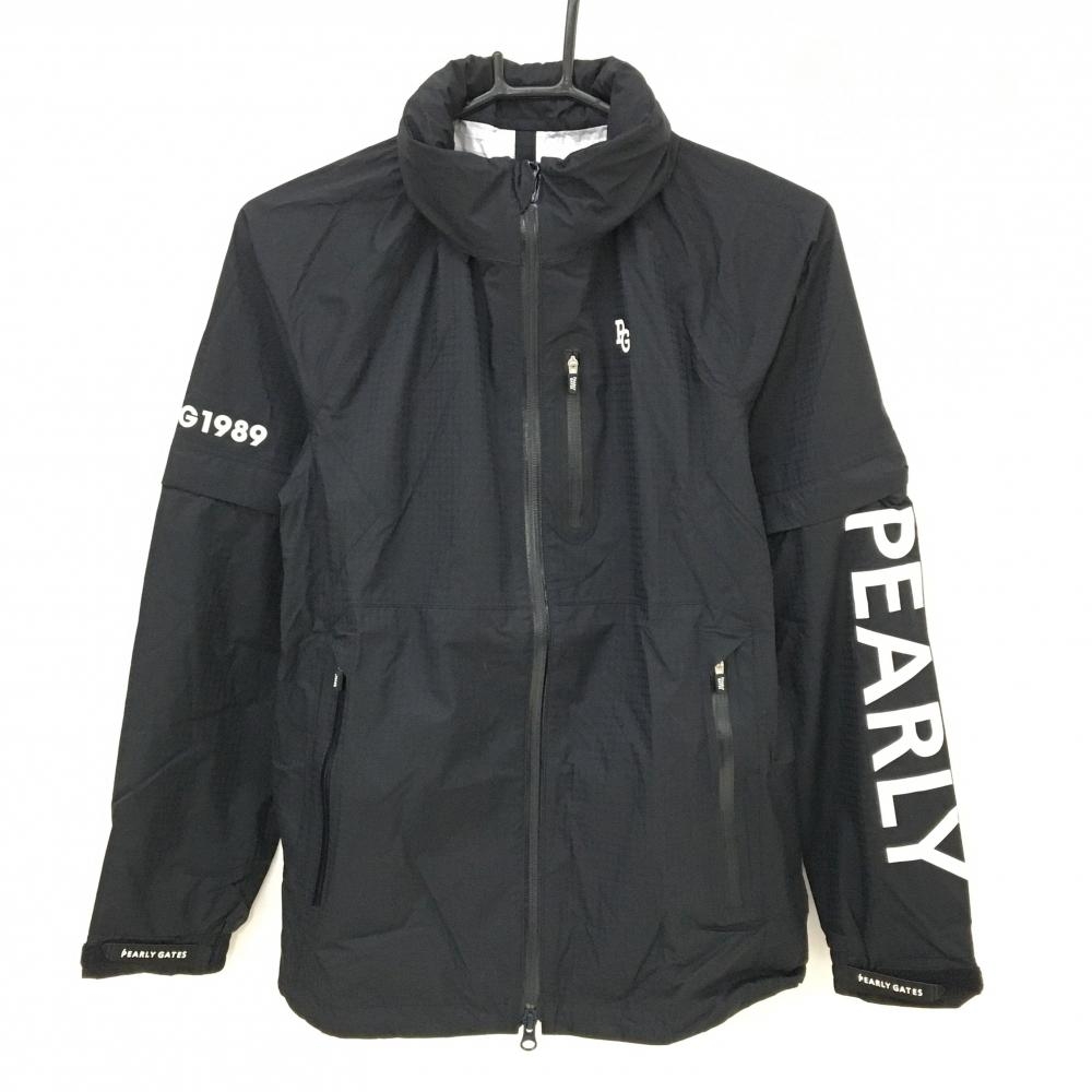 【新品】パーリーゲイツ 2WAYレインジャケット 黒×白 総柄地模様 裾ドローコードフード収納可 レディース 0(S) ゴルフウェア PEARLY GATES