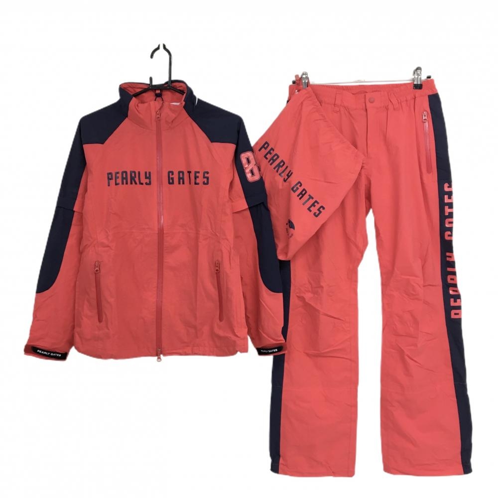 パーリーゲイツ レインウェア(2WAYジャケット×パンツ) レッド×ネイビー 袖・裾着脱可 収納袋 レディース 2(L) ゴルフウェア PEARLY GATES
