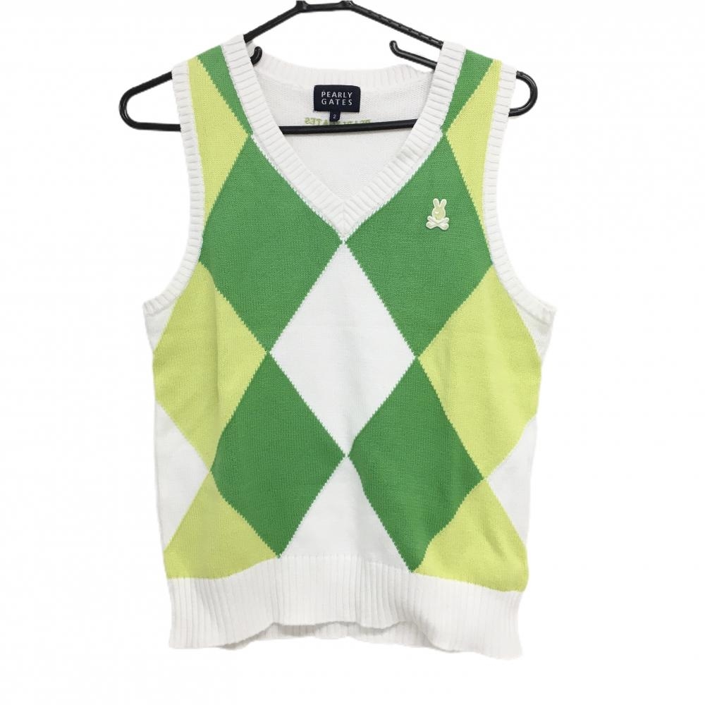 【超美品】パーリーゲイツ ニットベスト 白×グリーン 前面ダイヤ柄 コットン100％ レディース 2(M) ゴルフウェア PEARLY GATES
