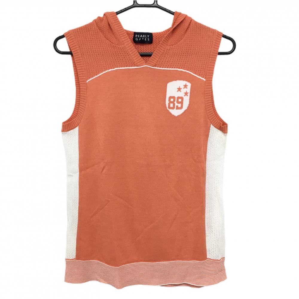 パーリーゲイツ ニットベスト オレンジ×白 フード付 一部メッシュ レディース 1(M) ゴルフウェア PEARLY GATES