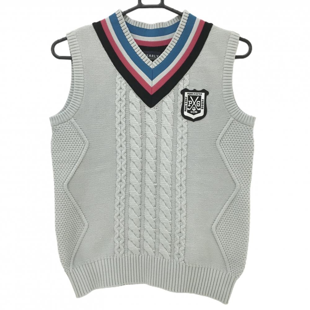 【美品】パーリーゲイツ ニットベスト グレー×ブルー ケーブル編み Vネック レディース 0(S) ゴルフウェア PEARLY GATES