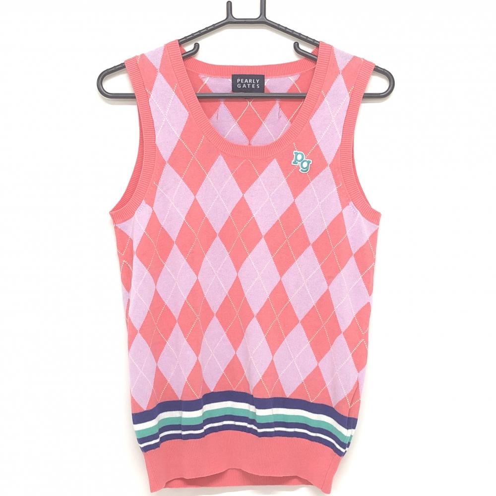 【超美品】パーリーゲイツ ニットベスト ライトピンク×ライトパープル アーガイル レディース 1(M) ゴルフウェア PEARLY GATES