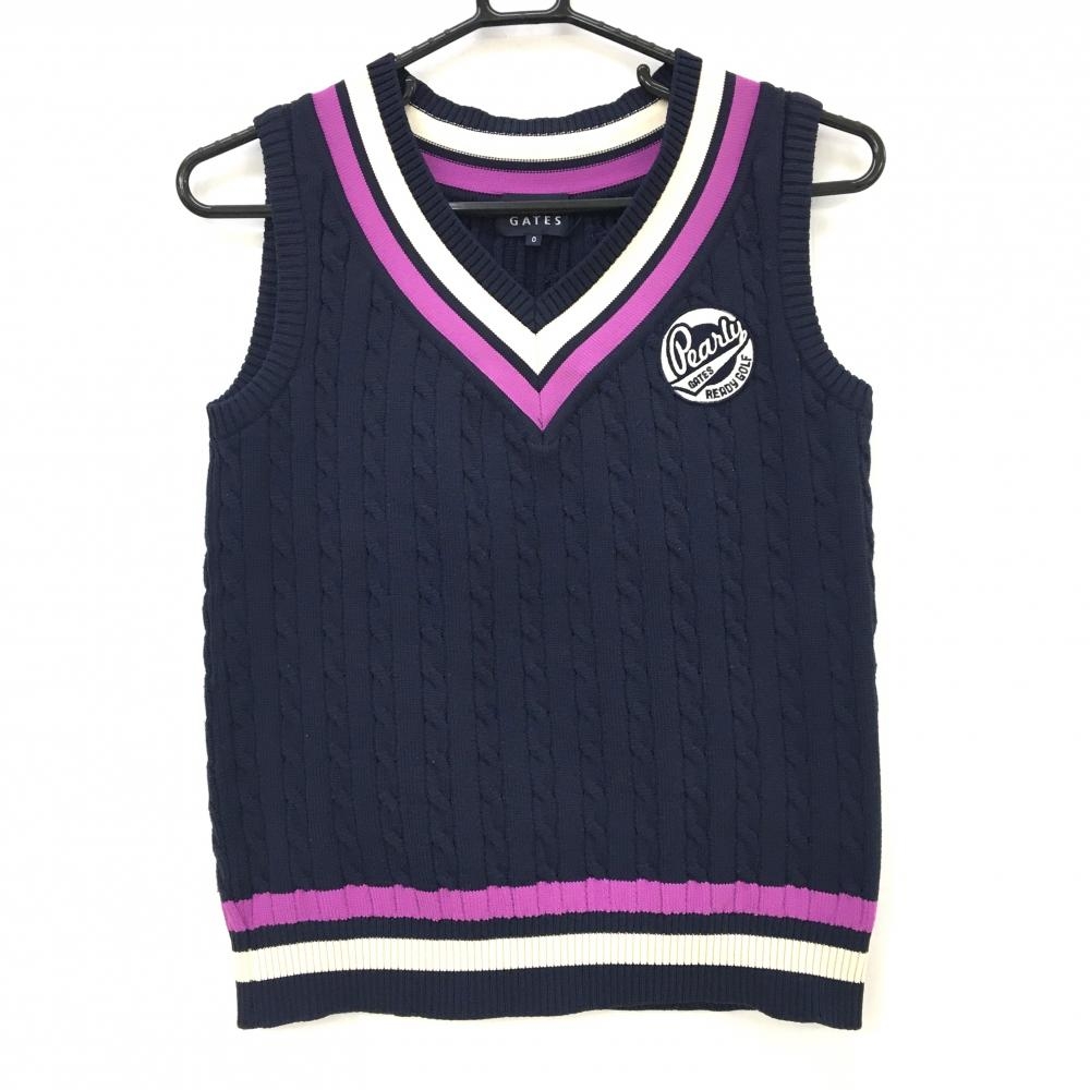 パーリーゲイツ ニットベスト ネイビー×パープル×白 Vネック レディース 0(S) ゴルフウェア PEARLY GATES