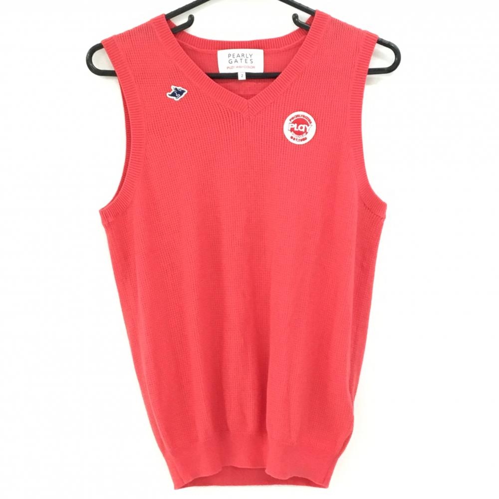 【美品】パーリーゲイツ ニットベスト レッド系 コットン100％ ワッペン Vネック レディース 2(L) ゴルフウェア PEARLY GATES