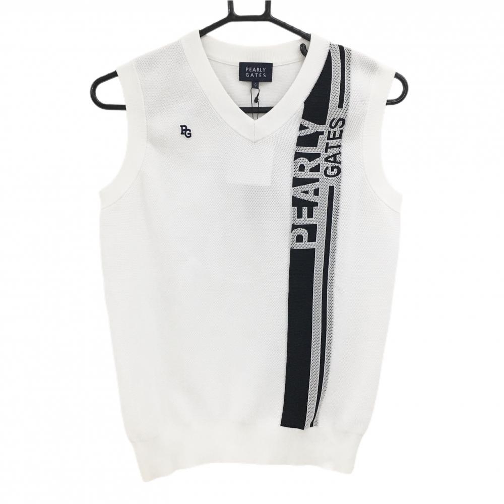 【新品】パーリーゲイツ ニットベスト 白×黒 Vネック ロゴ  レディース 0(S) ゴルフウェア 2023年モデル PEARLY GATES