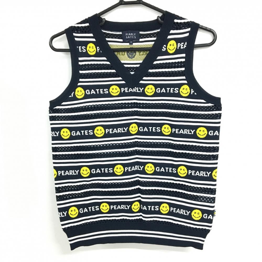 【超美品】パーリーゲイツ ニットベスト ネイビー×白 ボーダー ニコちゃん スマイル  レディース 0(S) ゴルフウェア PEARLY GATES