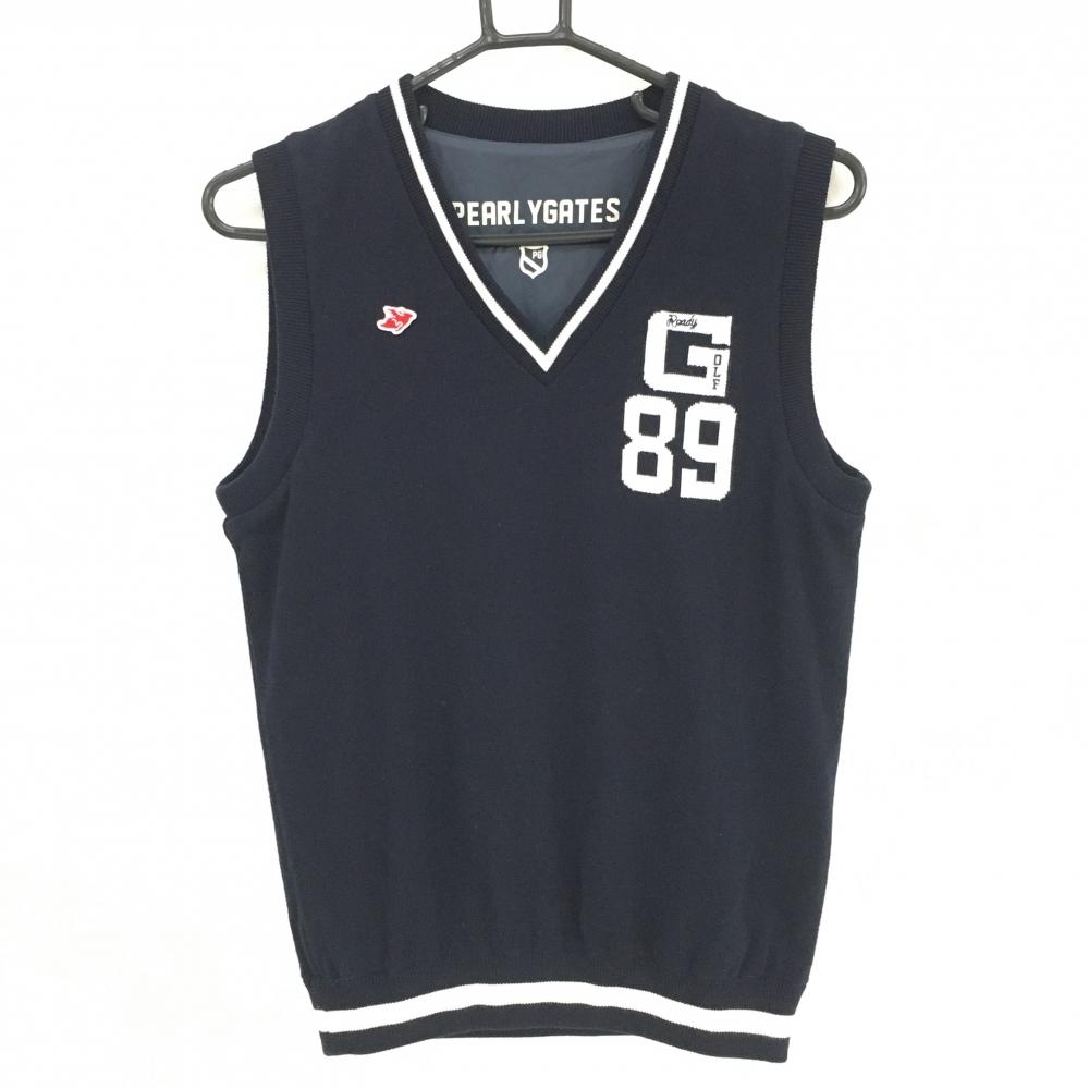 【美品】パーリーゲイツ リバーシブルニットベスト ダークネイビー×白 裏ナイロン Vネック  レディース 1(M) ゴルフウェア PEARLY GATES