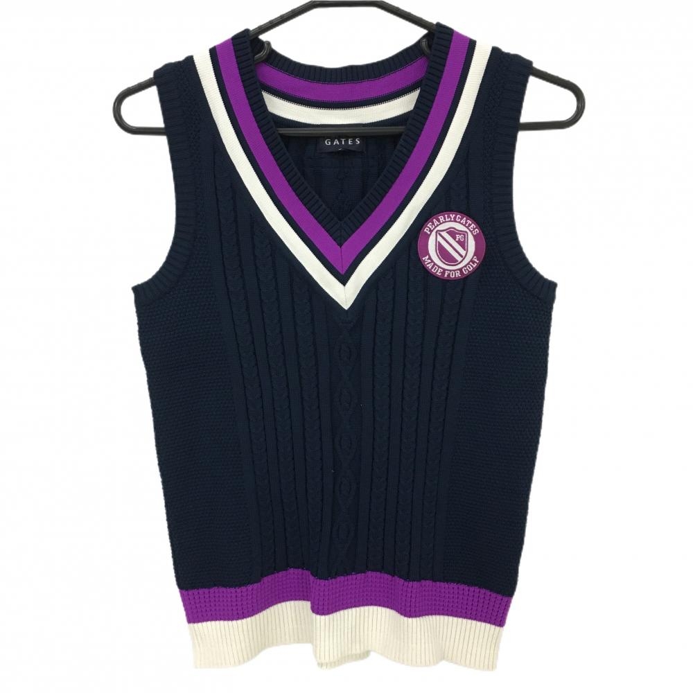 【超美品】パーリーゲイツ ニットベスト ネイビー×パープル ケーブル編み Vネック レディース 0(S) ゴルフウェア PEARLY GATES