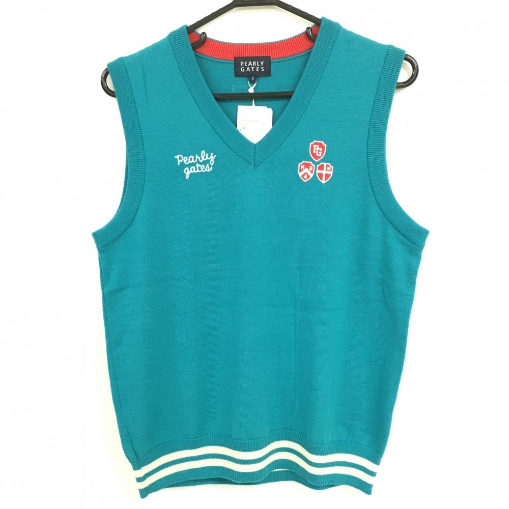 【新品】パーリーゲイツ ニットベスト ブルーグリーン 裾ライン ウール100％ Vネック レディース 2(L) ゴルフウェア PEARLY GATES