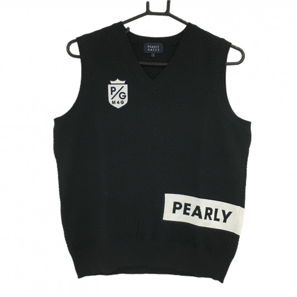 【超美品】パーリーゲイツ ニットベスト 黒×白 地模様 Vネック レディース 1(M) ゴルフウェア PEARLY GATES