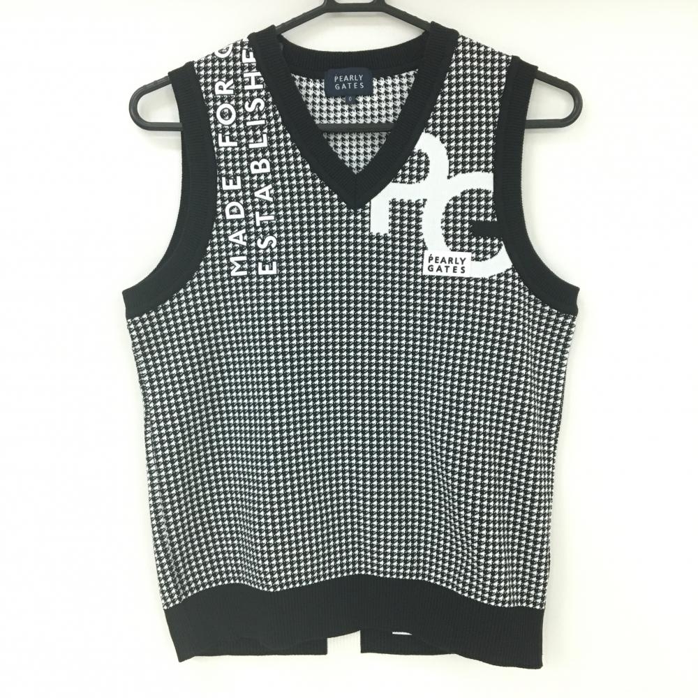 【超美品】パーリーゲイツ ニットベスト 黒×白 総柄 Ｖネック ロゴ刺しゅう レディース 0(S) ゴルフウェア PEARLY GATES