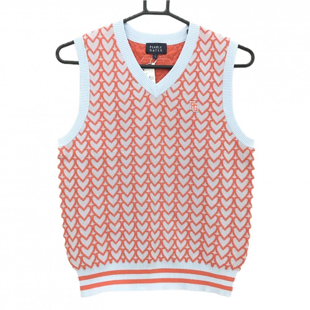【新品】パーリーゲイツ ニットベスト ライトブルー×オレンジ ハート柄 コットン混  レディース 1(M) ゴルフウェア PEARLY GATES