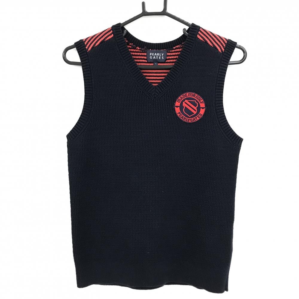 【超美品】パーリーゲイツ ニットベスト ネイビー×レッド 肩ボーダー コットン混  レディース 1(M) ゴルフウェア PEARLY GATES