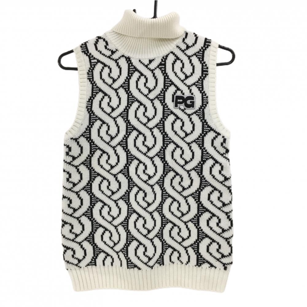 パーリーゲイツ タートルネックニットベスト 白×黒 総柄 胸ロゴ ウール混 レディース 1(M) ゴルフウェア PEARLY GATES