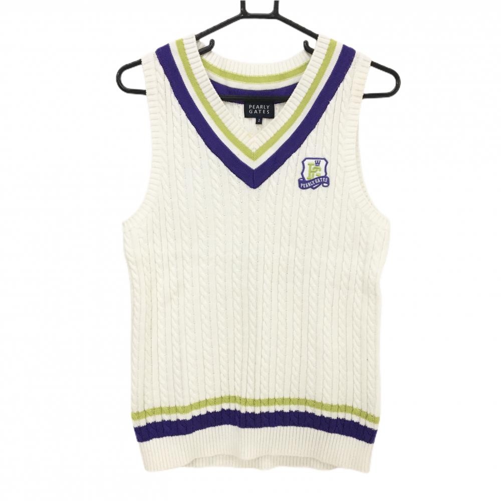 パーリーゲイツ ニットベスト 白×パープル ケーブル編み コットン混 レディース 2(L) ゴルフウェア PEARLY GATES