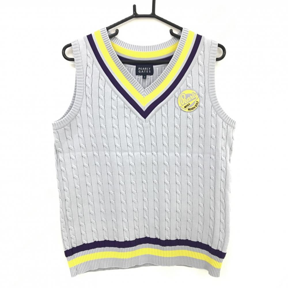 【超美品】パーリーゲイツ ニットベスト グレー×イエロー ケーブル編み ワッペン レディース 2(L) ゴルフウェア PEARLY GATES