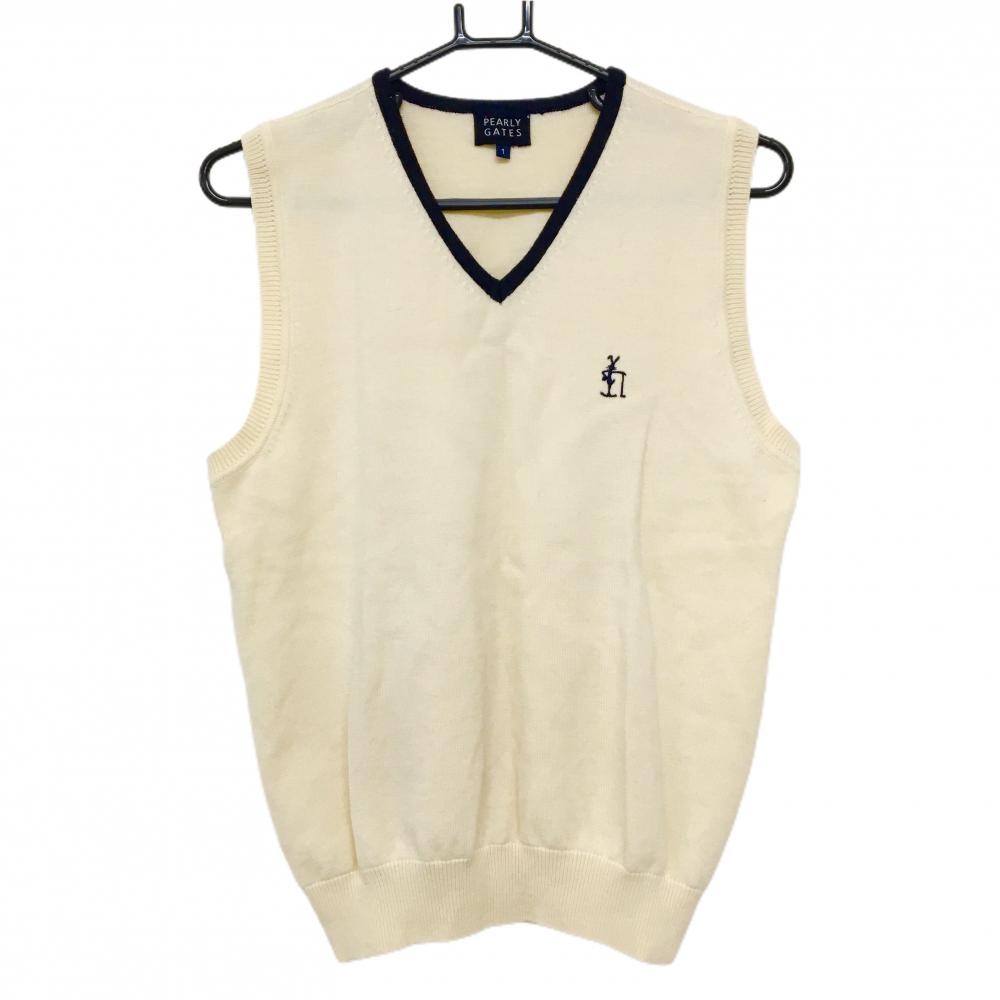 【美品】パーリーゲイツ ニットベスト 白×ネイビー ウール100% Vネック レディース 1(M) ゴルフウェア PEARLY GATES