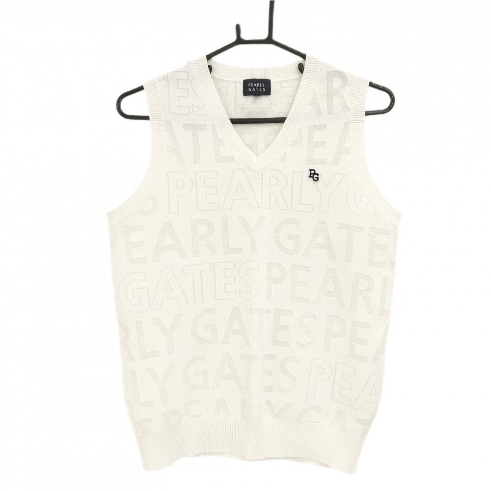 【超美品】パーリーゲイツ ニットベスト 白系 英字ロゴ総柄 胸ロゴ Vネック  レディース 2(L) ゴルフウェア 2024年モデル PEARLY GATES