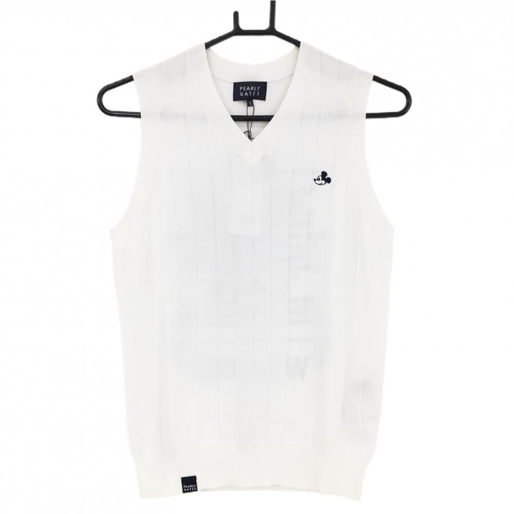 【新品】パーリーゲイツ×Disney ニットベスト 白×ネイビー ミッキー刺しゅう  レディース S ゴルフウェア PEARLY GATES
