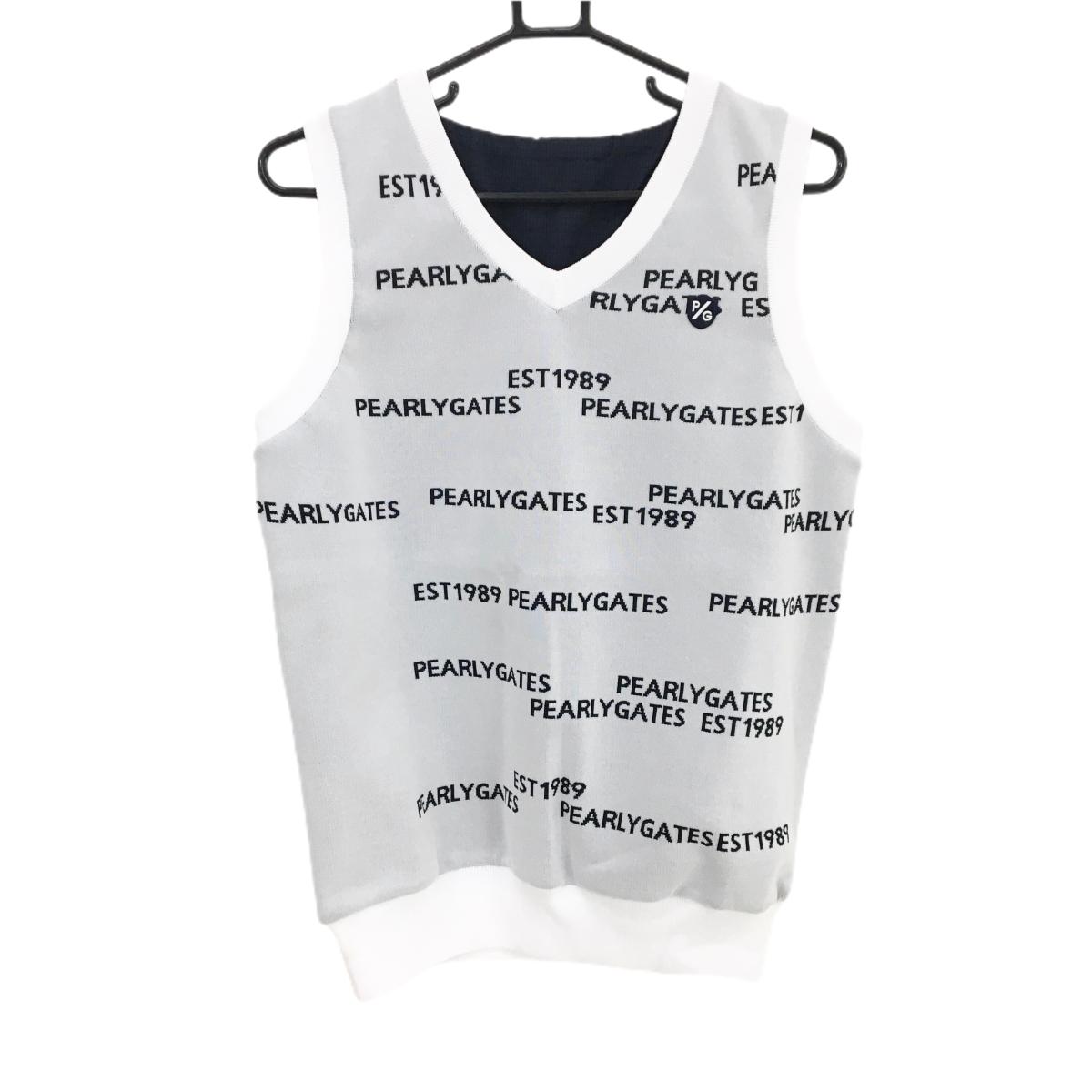 【新品】パーリーゲイツ リバーシブルニットベスト ライトグレー×黒×白 ロゴ英字総柄 レディース 2(L) ゴルフウェア PEARLY GATES