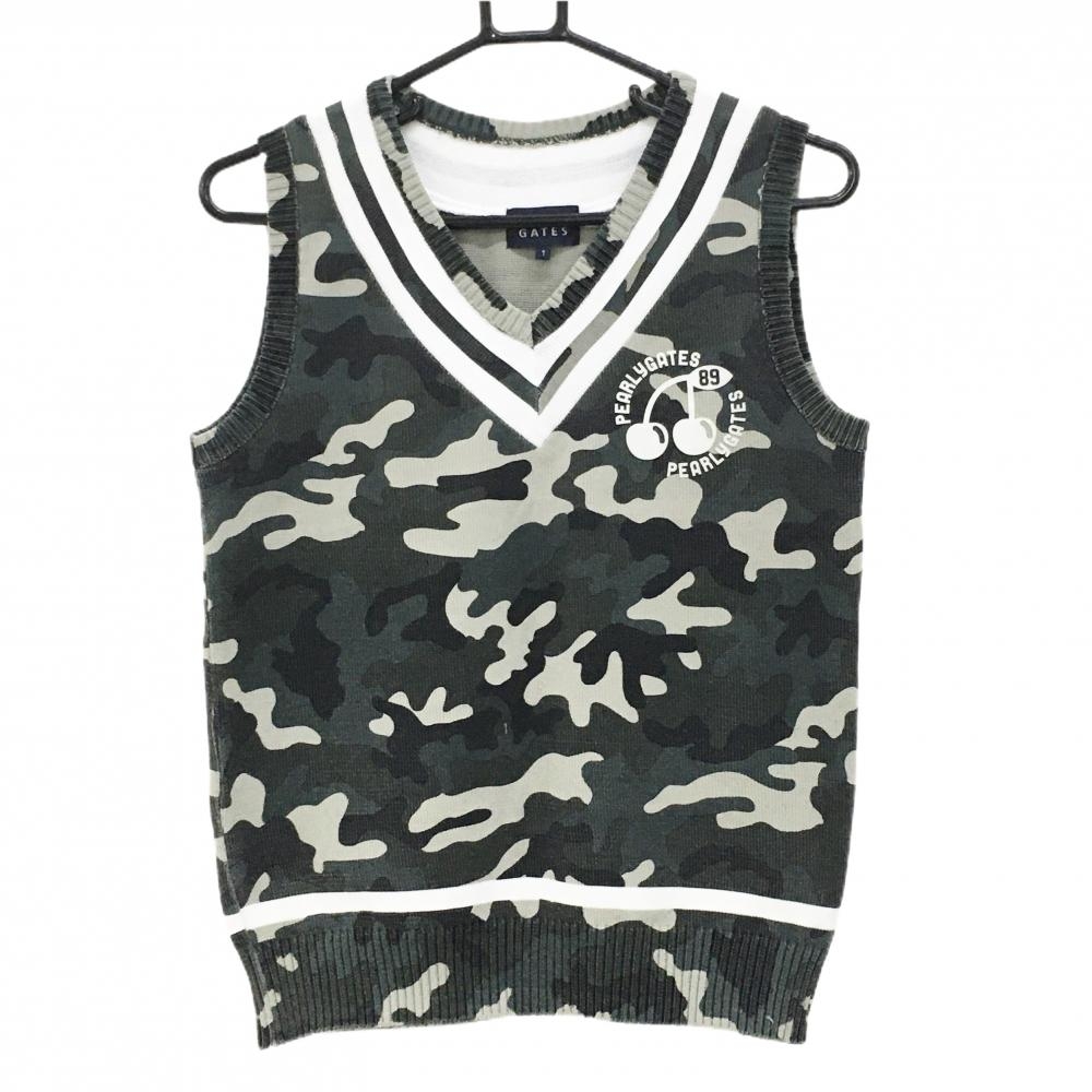 パーリーゲイツ ニットベスト カーキ×グレー×黒 迷彩 カモフラ Vネック  レディース 1(M) ゴルフウェア PEARLY GATES