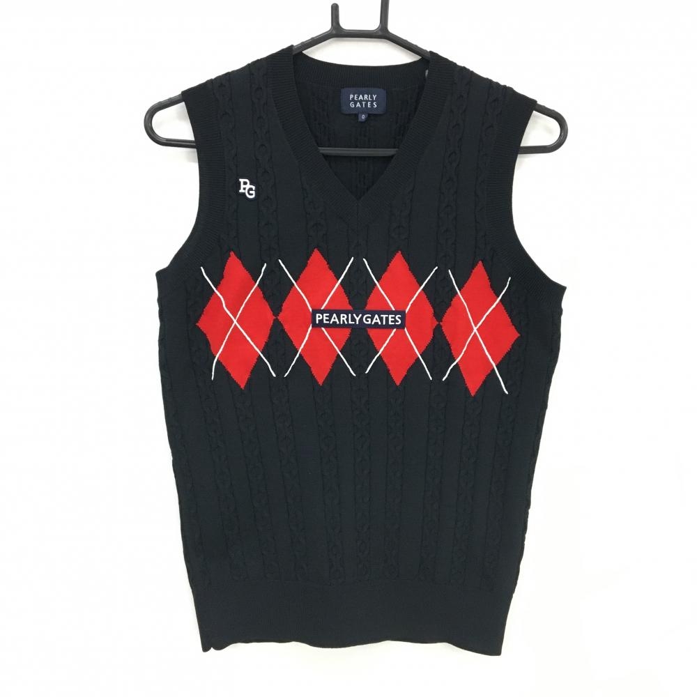 【超美品】パーリーゲイツ ニットベスト 黒×レッド×白 胸ロゴ アーガイル風 ケーブル編み レディース 0(S) ゴルフウェア PEARLY GATES