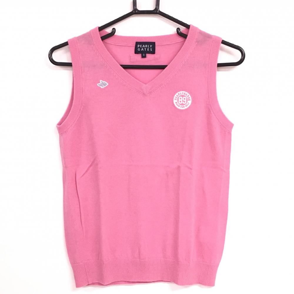 【超美品】パーリーゲイツ ニットベスト ピンク ウール100％ ワッペン  レディース 0(S) ゴルフウェア PEARLY GATES