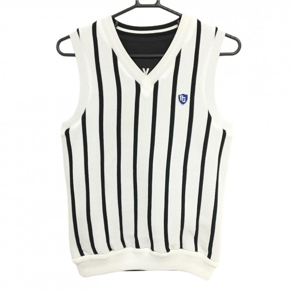 【美品】パーリーゲイツ ニットベスト 白×黒 ストライプ 表ニット 裏黒 Vネック レディース 0(S) ゴルフウェア PEARLY GATES