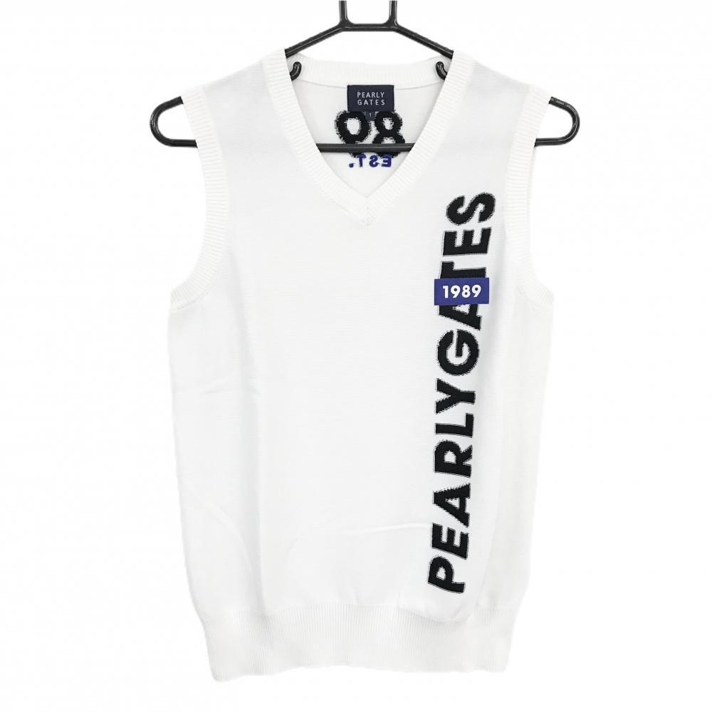 【超美品】パーリーゲイツ ニットベスト 白×黒 ロゴ  レディース 1(M) ゴルフウェア PEARLY GATES