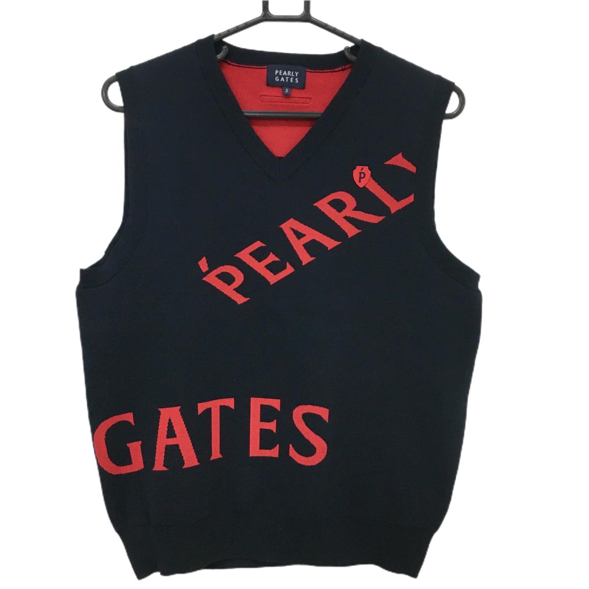 【美品】パーリーゲイツ ニットベスト ネイビー×レッド ビッグロゴ Vネック レディース 2(L) ゴルフウェア PEARLY GATES
