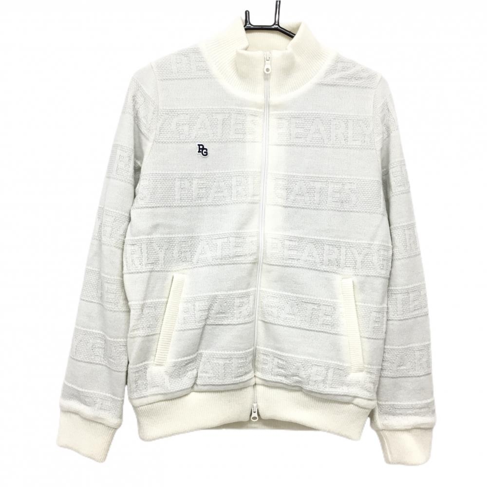 【超美品】パーリーゲイツ ニットジャケット 白 ロゴボーダー編み 裏地ニコちゃん総柄 蓄熱 レディース 2(L) ゴルフウェア PEARLY GATES