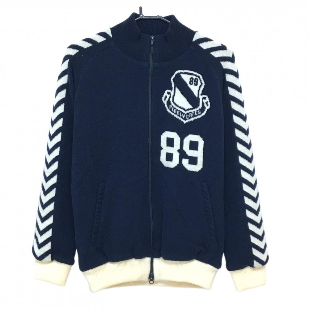 【美品】パーリーゲイツ ニットジャケット ネイビー×白 ウール混 裏地付き レディース 1(M) ゴルフウェア PEARLY GATES