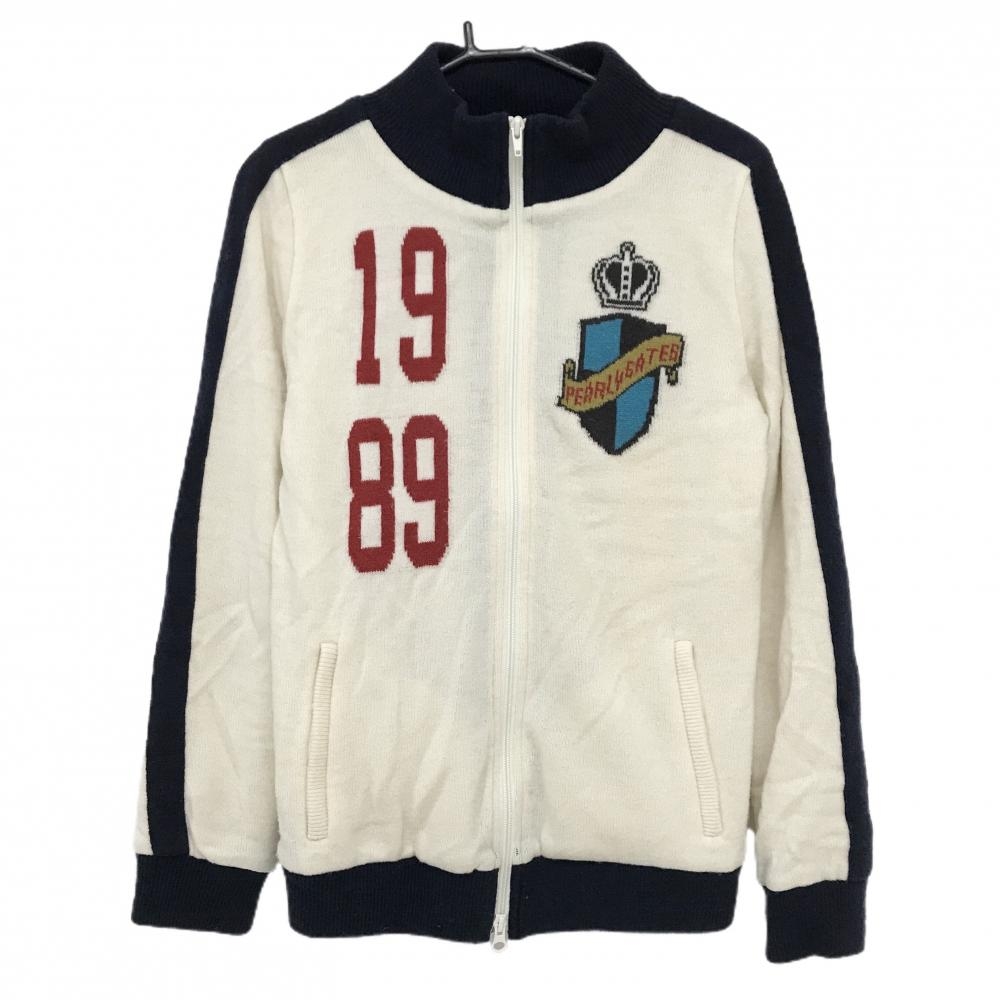 パーリーゲイツ ニットジャケット アイボリー×ネイビー ウール混 裏地付  レディース 2(L) ゴルフウェア PEARLY GATES