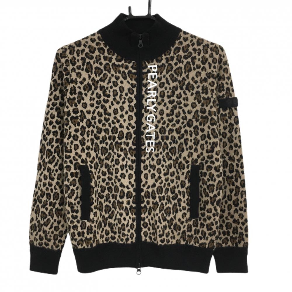 【新品】パーリーゲイツ ニットジャケット ブラウン×黒 レオパード カシミヤ混 レディース 0(S) ゴルフウェア PEARLY GATES