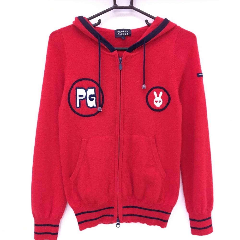 【美品】パーリーゲイツ ニットジップパーカー レッド×ネイビー カシミヤ混 ジャケット レディース 1(M) ゴルフウェア PEARLY GATES