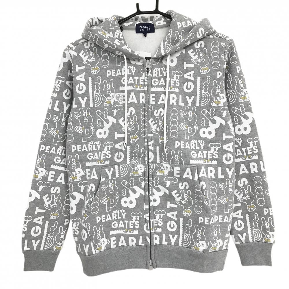 【新品】パーリーゲイツ ジップパーカー グレー×白 ロゴ総柄 どうしちゃったPG 裏起毛 レディース 0(S) ゴルフウェア PEARLY GATES