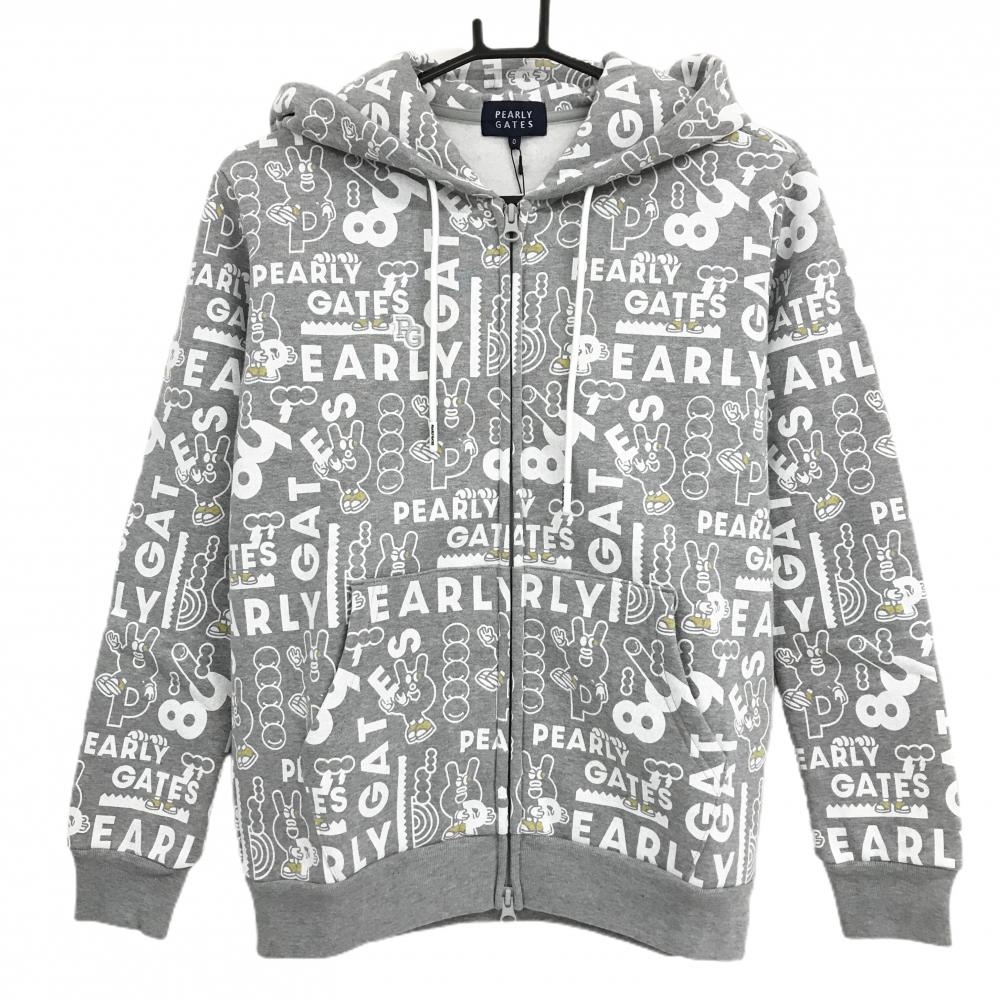 【新品】パーリーゲイツ ジップパーカー グレー×白 ロゴ総柄 どうしちゃったPG 裏起毛 レディース 0(S) ゴルフウェア PEARLY GATES